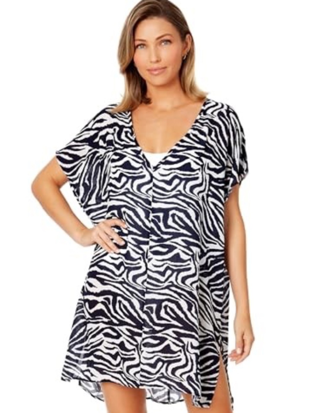 Anne Cole V-Neck Cover-up Blue Tunic Zebra Shadow Large X-Large